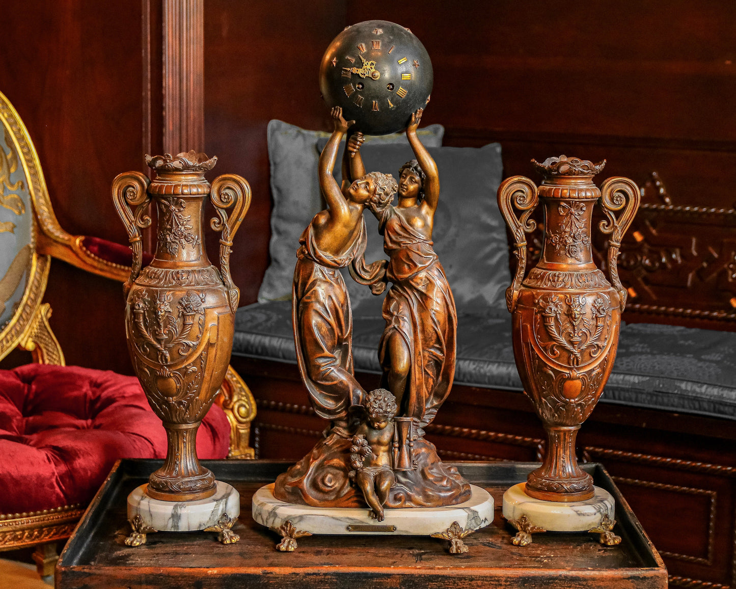 Antique Bronze Clock with matching Vases