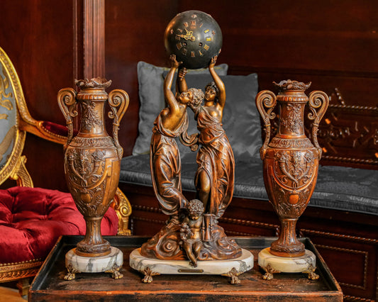 Antique Bronze Clock with matching Vases