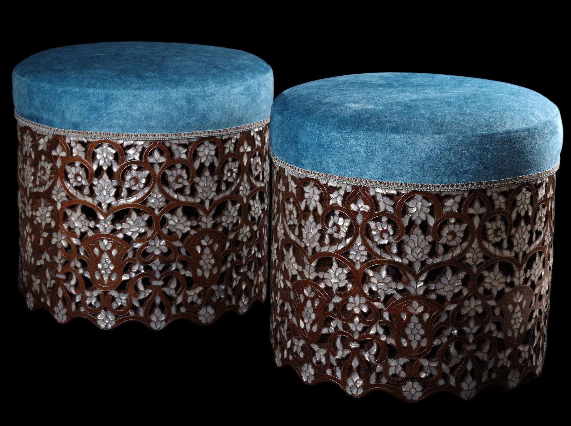 Blue Cushioned Seat Set - Inlayed with Mother of Pearl & Silver - Set of 2