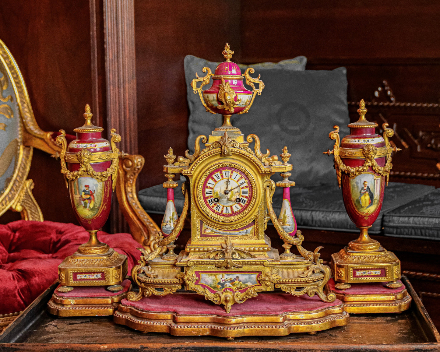 Antique French Clock with matching Vases