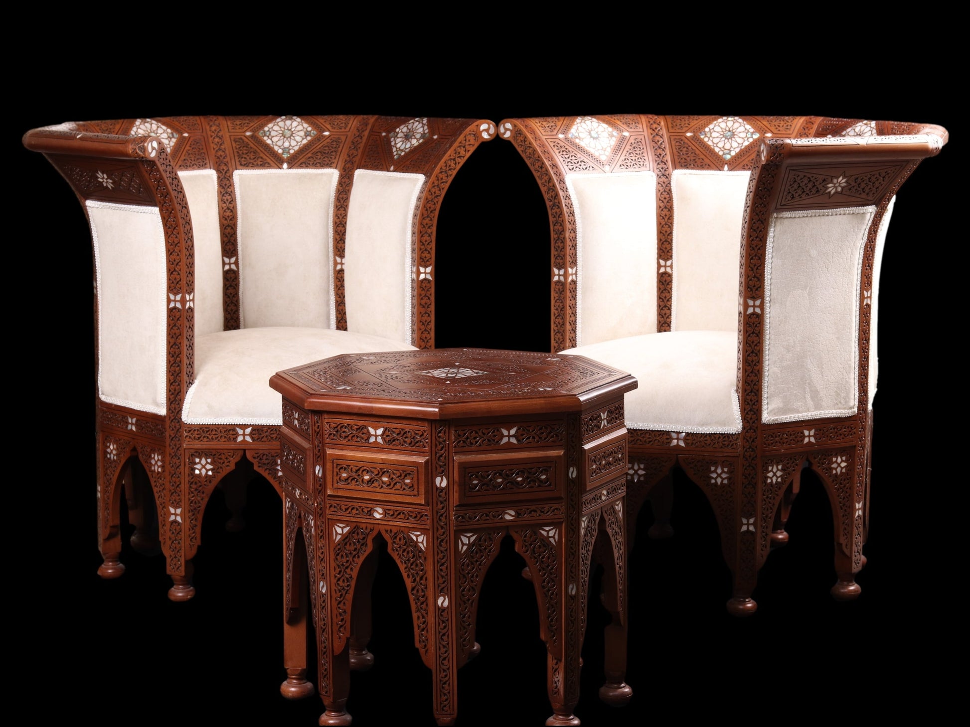 Chairs & Table Set - Carved and Inlayed