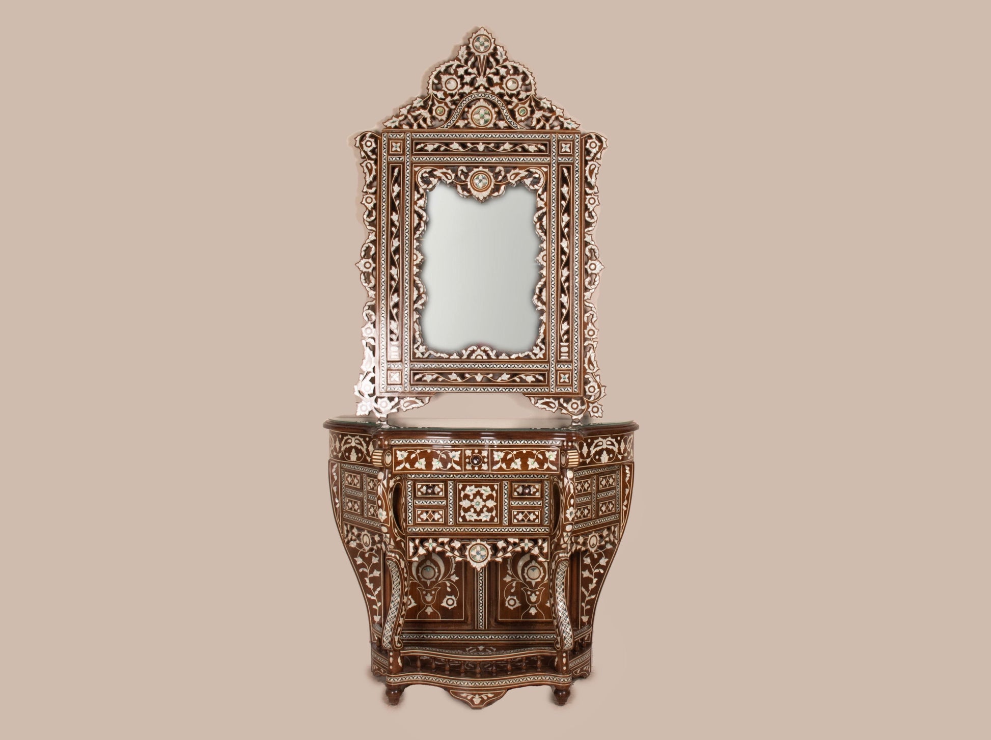 Dresser & Mirror Set - Floral pattern in Mother of Pearl